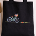 Cute Tote Bag Hand-Embroidered - Floral Bicycle Design