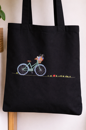 Cute Tote Bag Hand-Embroidered - Floral Bicycle Design