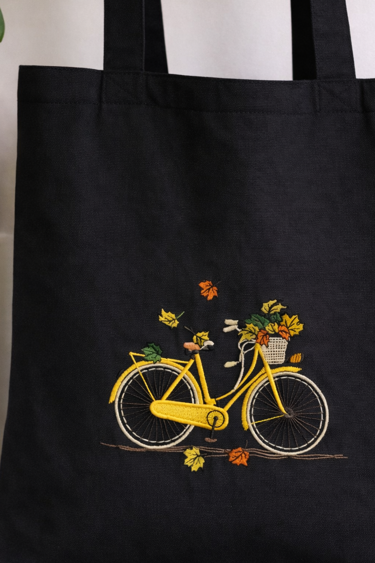 Cute Tote Handbags Hand-Embroidered - Floral Embroidered Bicycle Tote