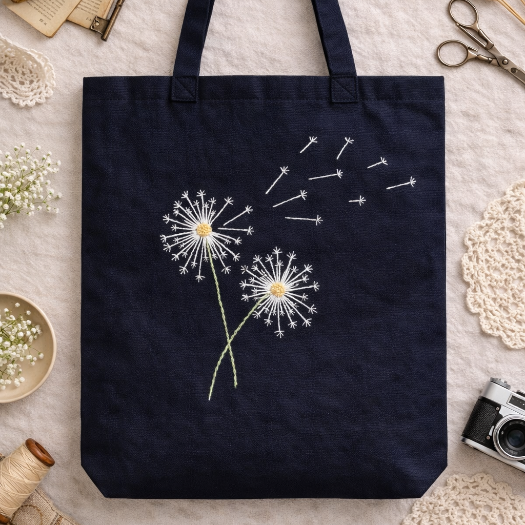 Embroidered Canvas Tote Bag with Flowers
