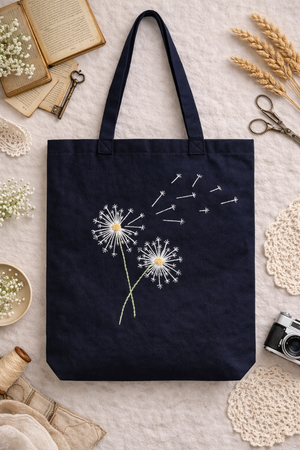 Embroidered Canvas Tote Bag with Flowers
