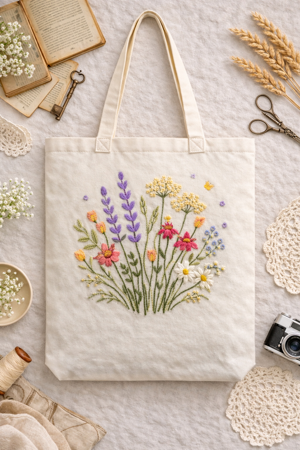 Embroidered Canvas Tote - Floral Design