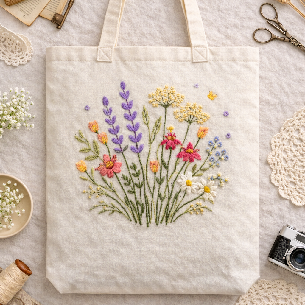 Embroidered Canvas Tote - Floral Design