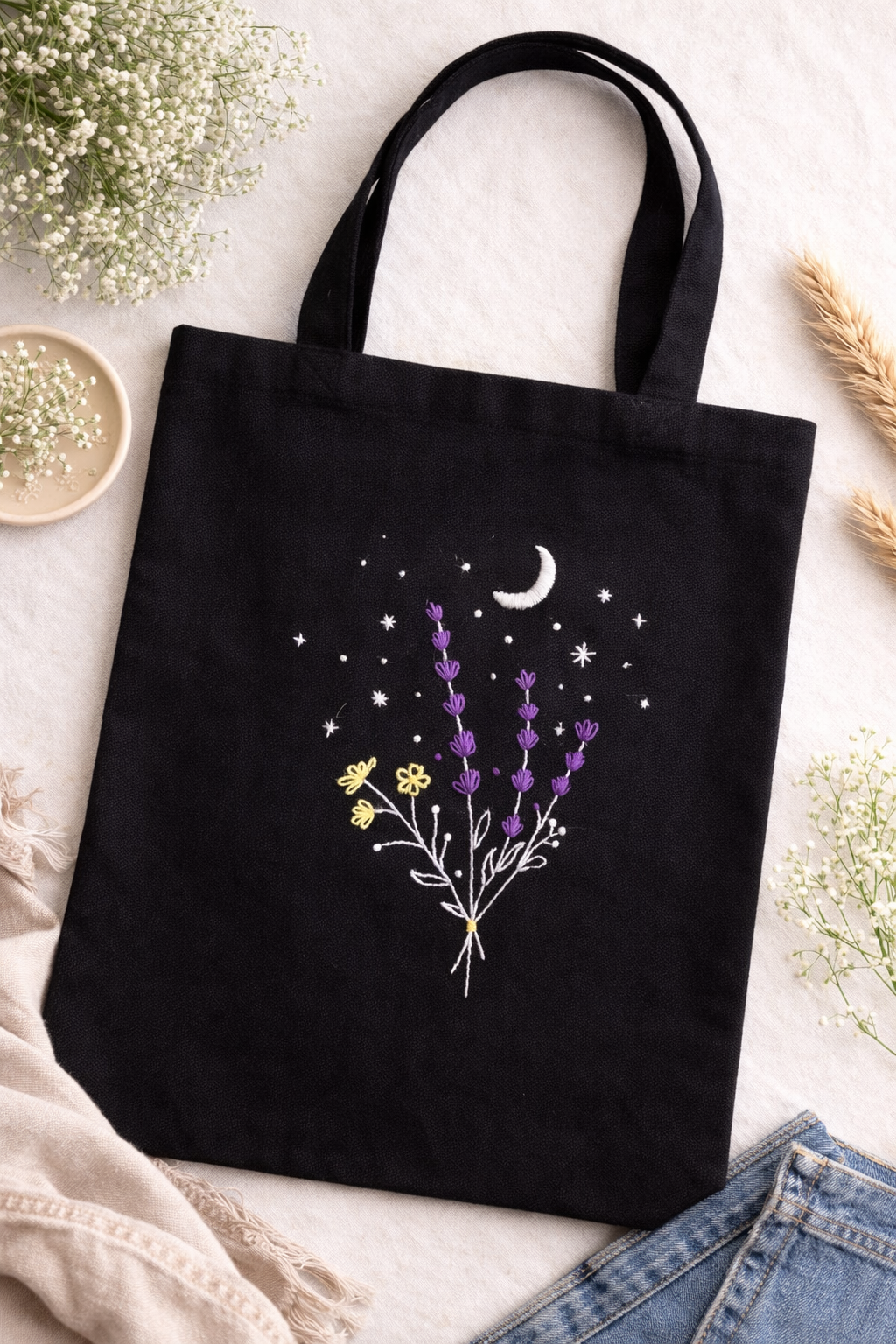 Embroidered Shopper Bag - Lavender and Moon Design