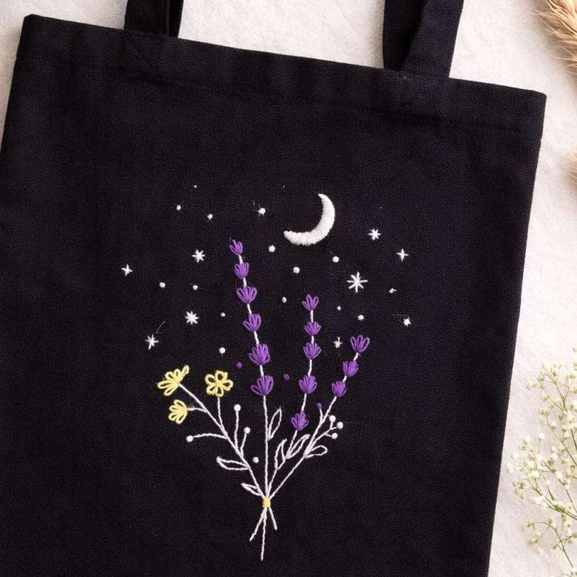 Embroidered Shopper Bag - Lavender and Moon Design
