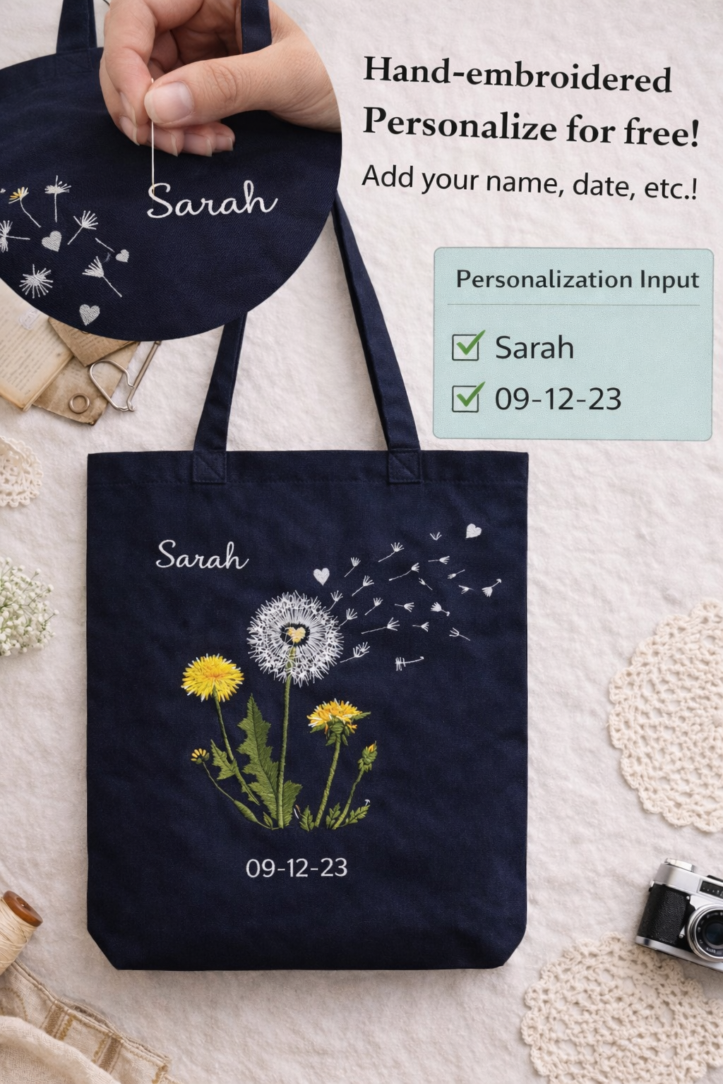 Daisy Tote Bag with Floral Embroidery