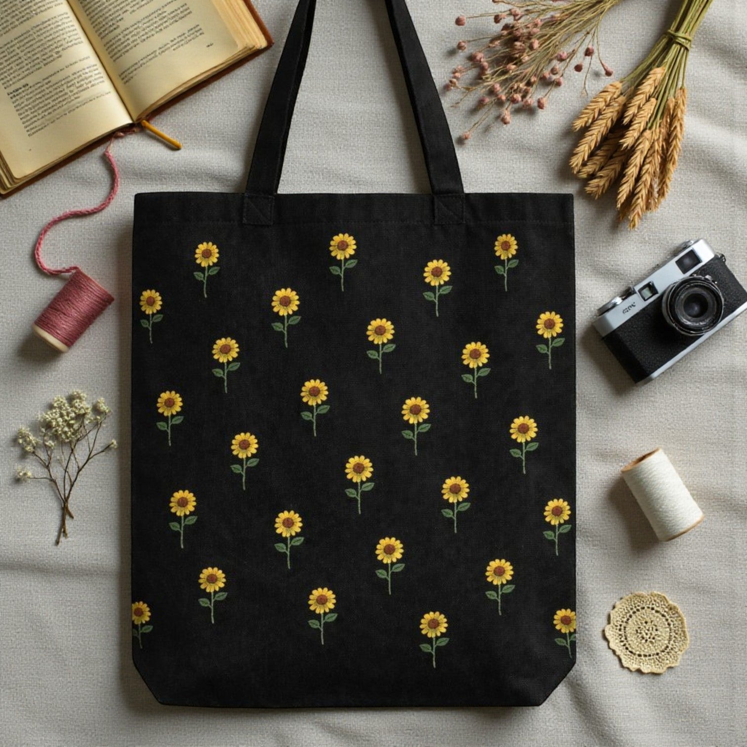 Floral Embroidered Tote - Sunflower Design