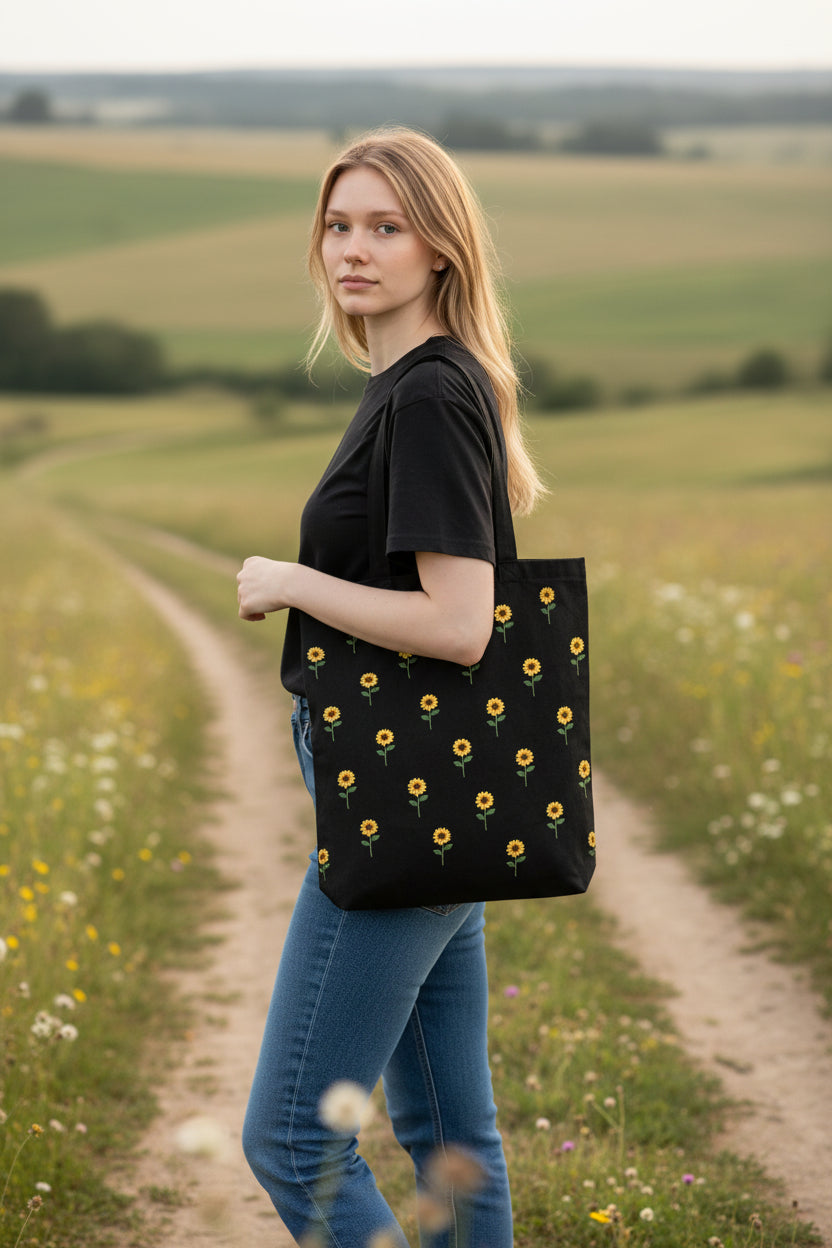 Floral Embroidered Tote - Sunflower Design