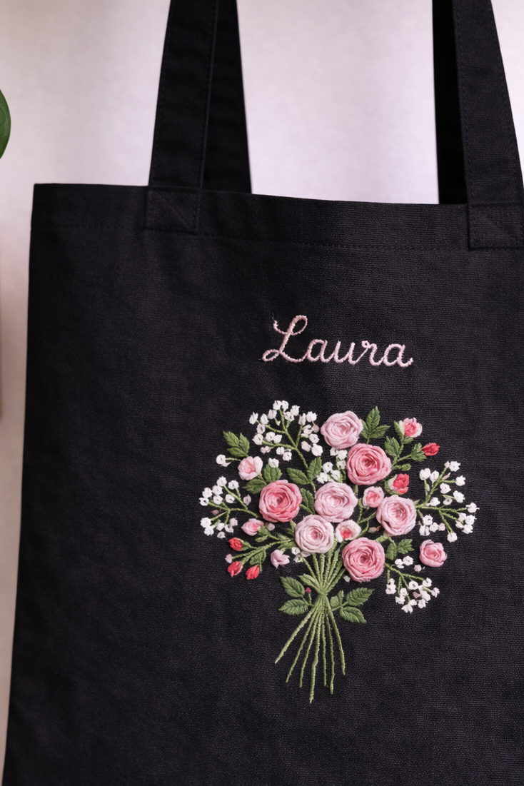 Custom Floral Canvas Bag - Hand-Embroidered Tote Bag