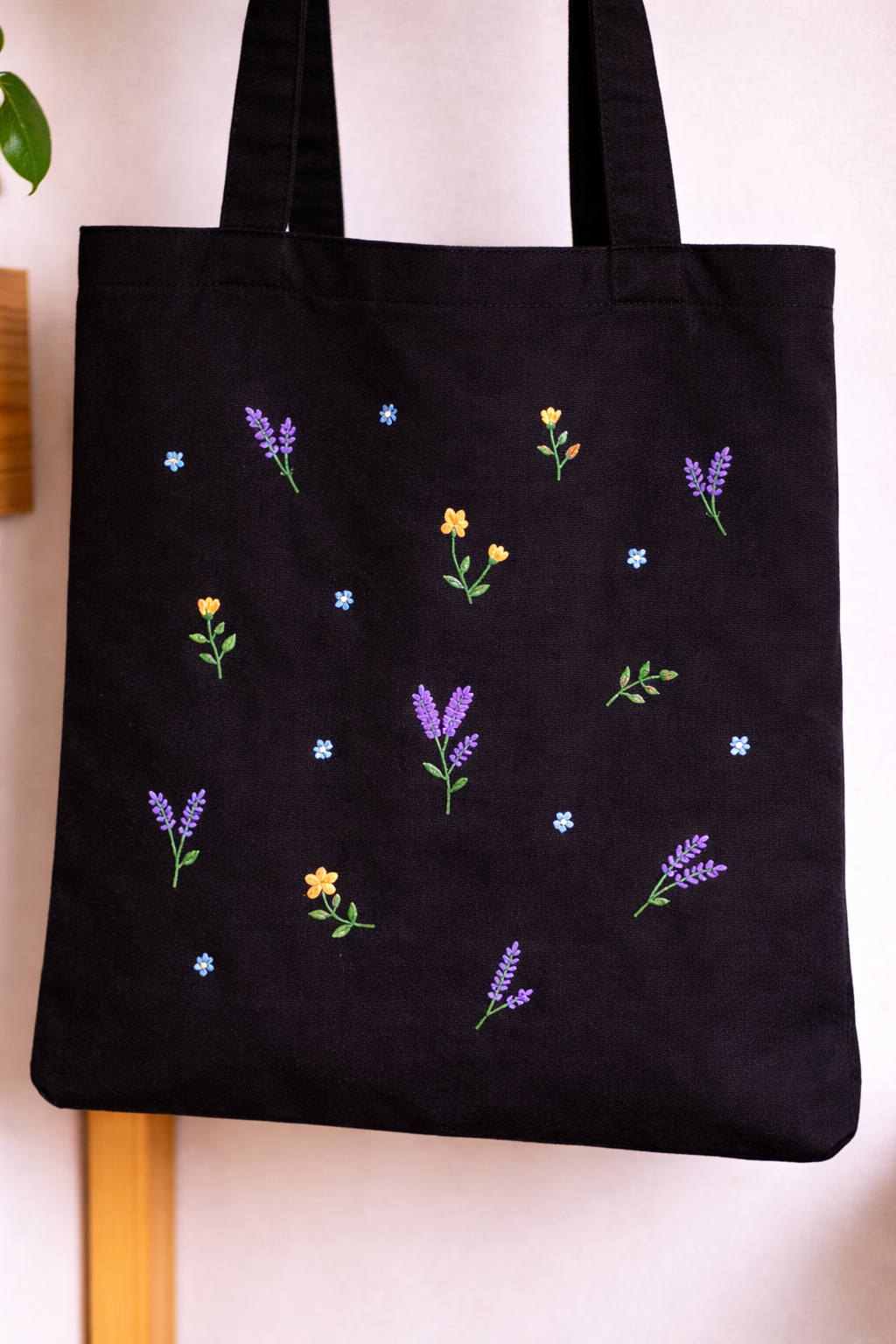 Floral Tote Bag - Hand-Embroidered Lavender Design