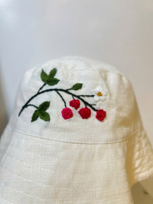 Hand Embroidered Berry Linen Baby Hat – Summer Bucket Hat for Babies & Kids
