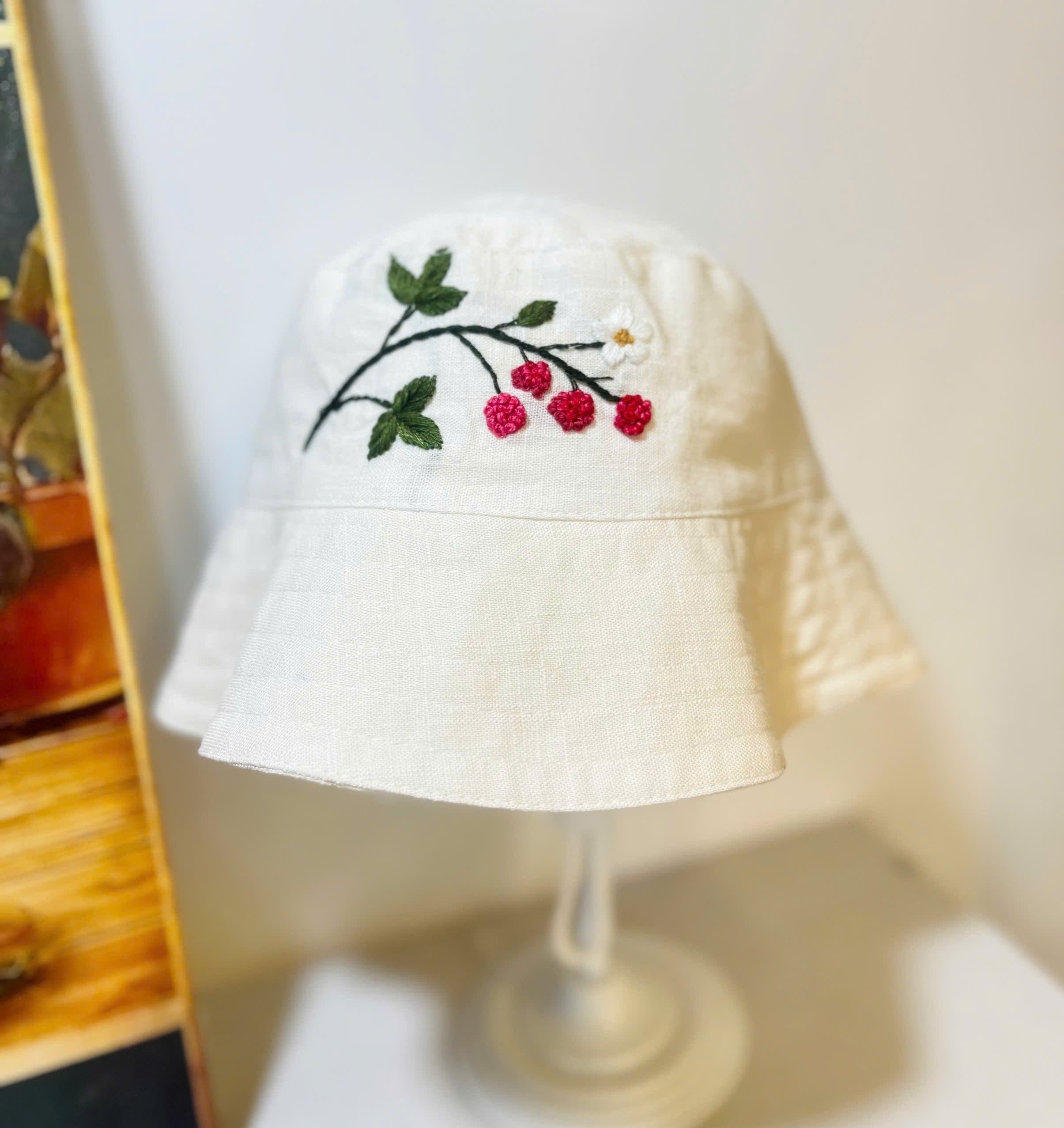 Hand Embroidered Berry Linen Baby Hat – Summer Bucket Hat for Babies & Kids