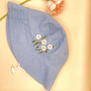 Hand Embroidered Daisy and Bee Linen Baby Hat – Lightweight Summer Bucket Hat for Kids