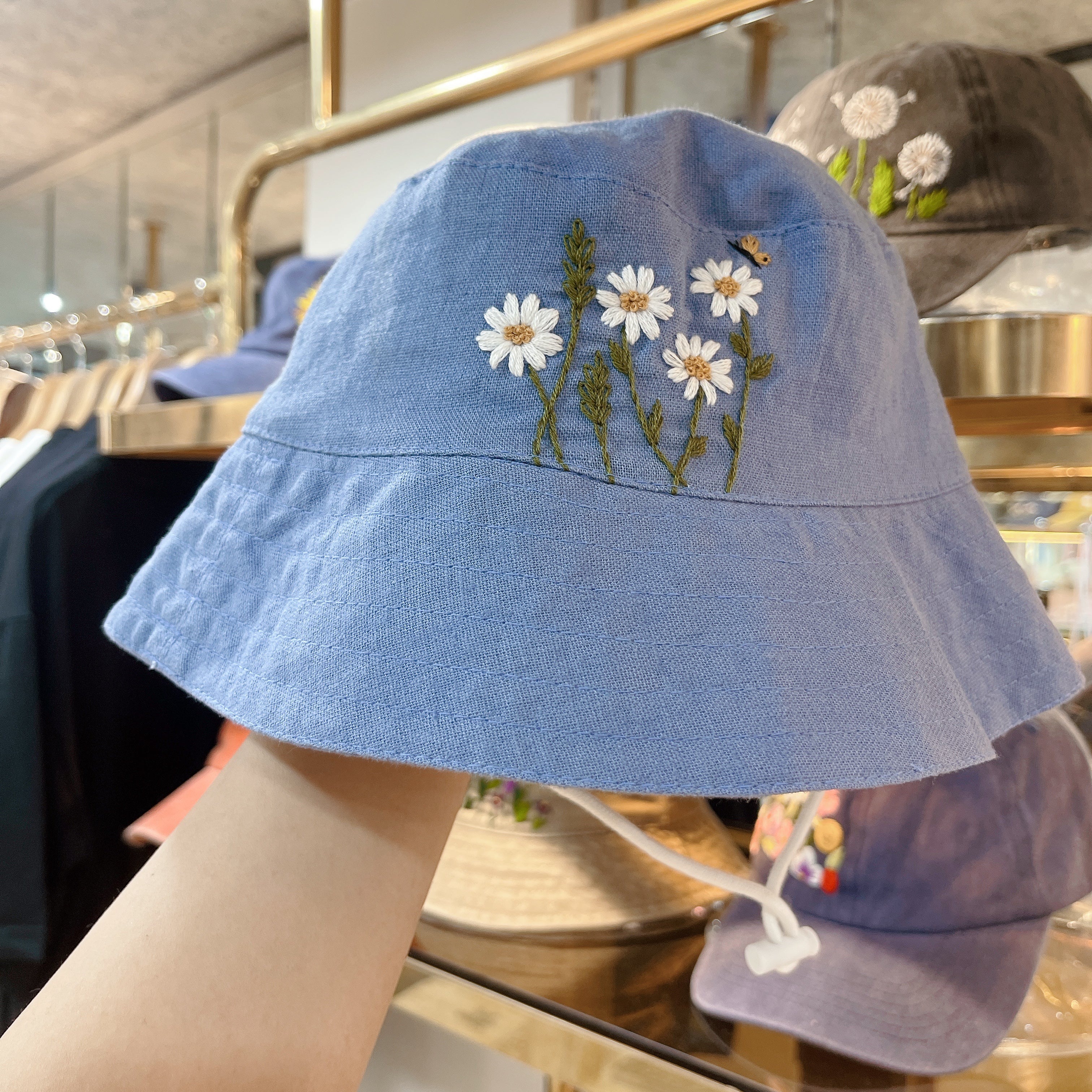 Hand Embroidered Daisy and Bee Linen Baby Hat – Lightweight Summer Bucket Hat for Kids