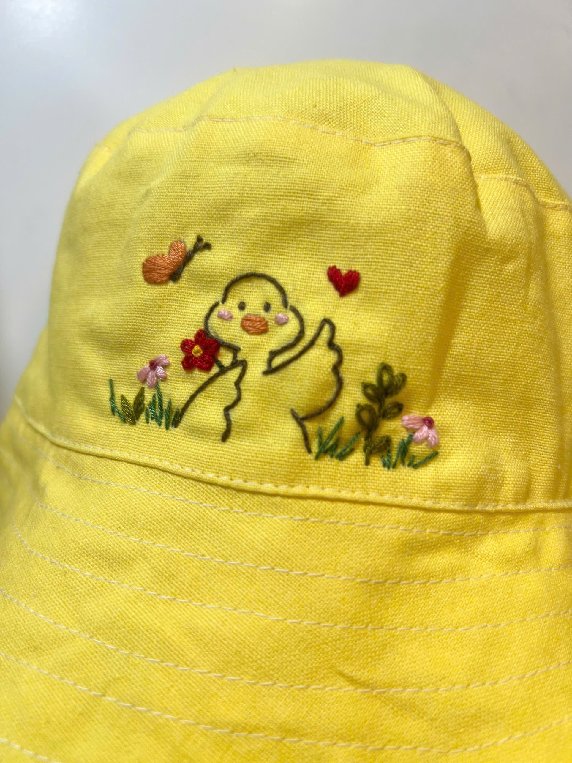 Hand Embroidered Duck Linen Baby Hat – Cute Summer Bucket Hat for Babies & Kids