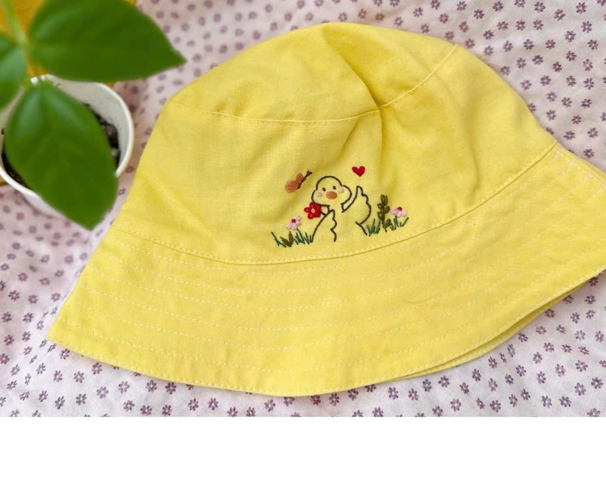 Hand Embroidered Duck Linen Baby Hat – Cute Summer Bucket Hat for Babies & Kids