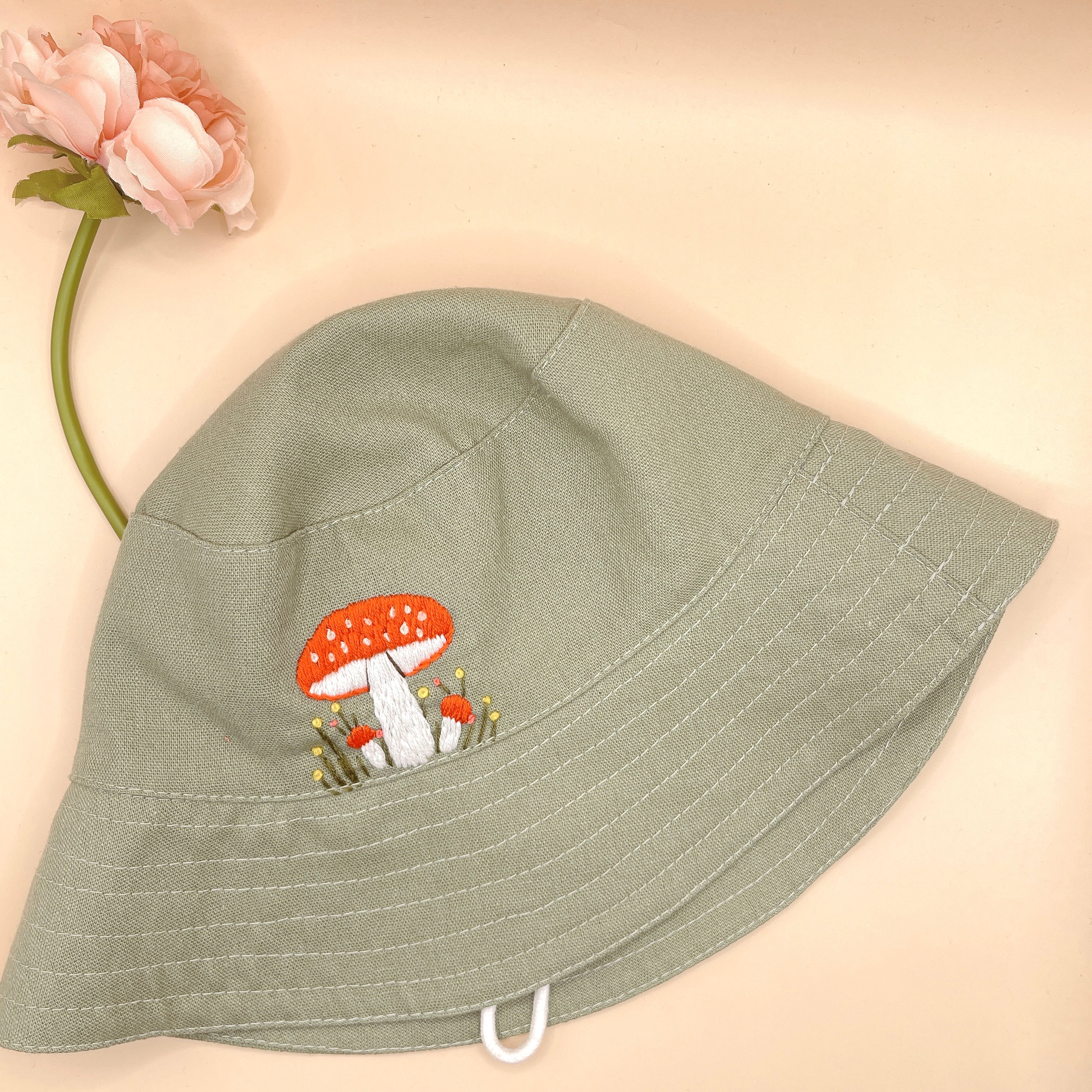 Hand Embroidered Mushroom Linen Baby Hat – Summer Bucket Hat for Toddlers & Kids