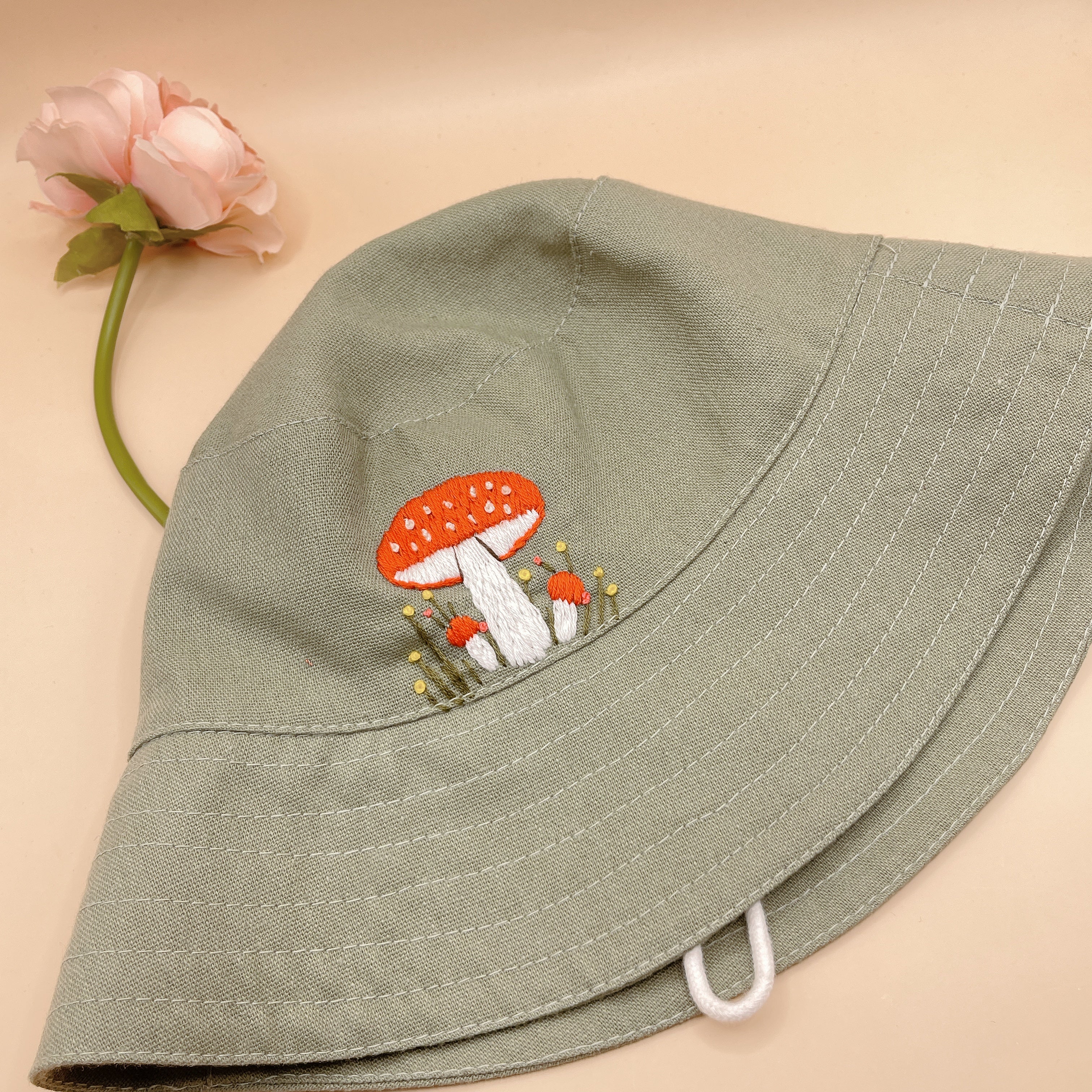Hand Embroidered Mushroom Linen Baby Hat – Summer Bucket Hat for Toddlers & Kids