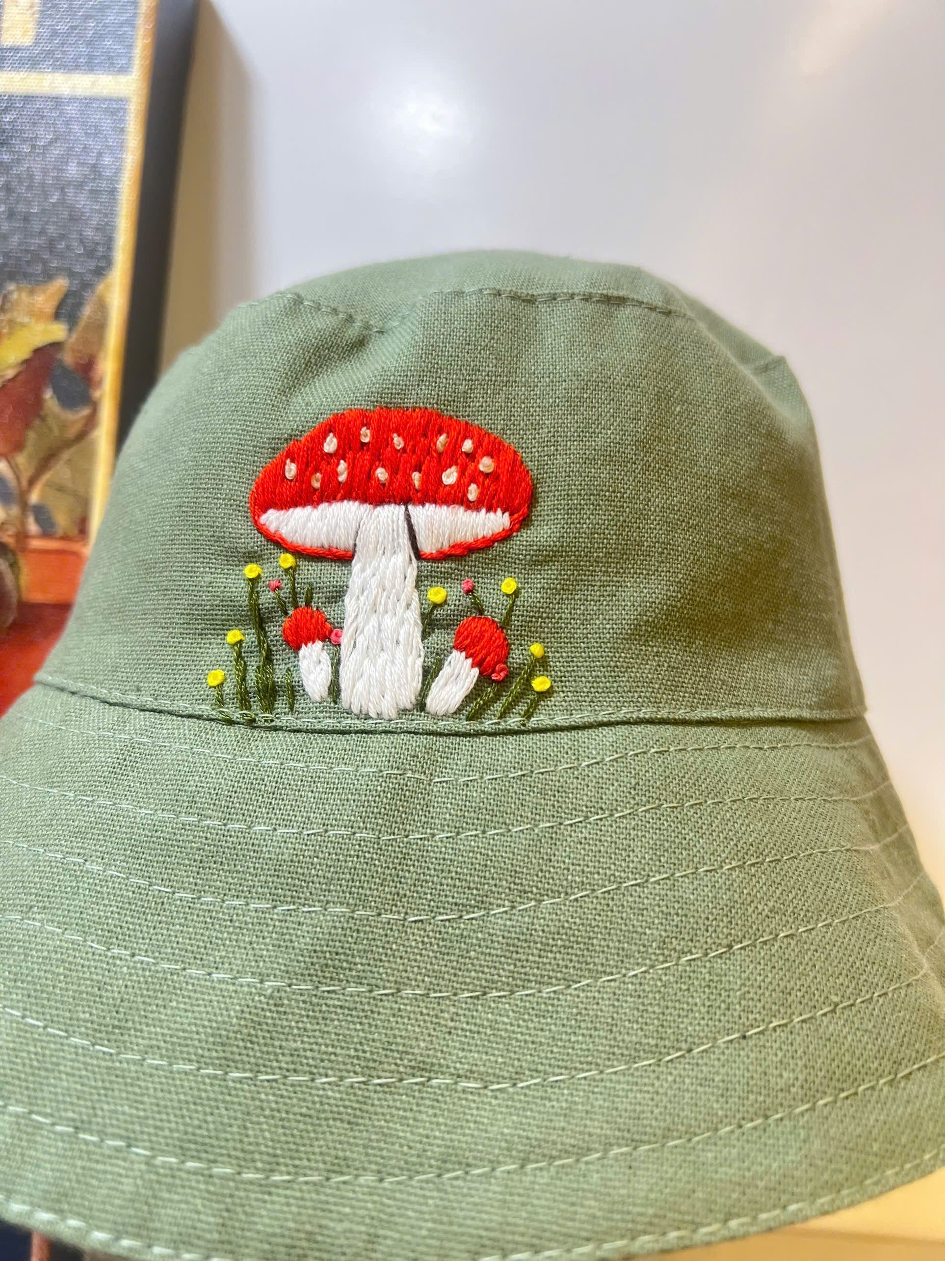 Hand Embroidered Mushroom Linen Baby Hat – Summer Bucket Hat for Toddlers & Kids