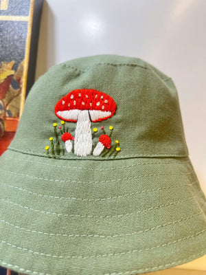 Hand Embroidered Mushroom Linen Baby Hat – Summer Bucket Hat for Toddlers & Kids