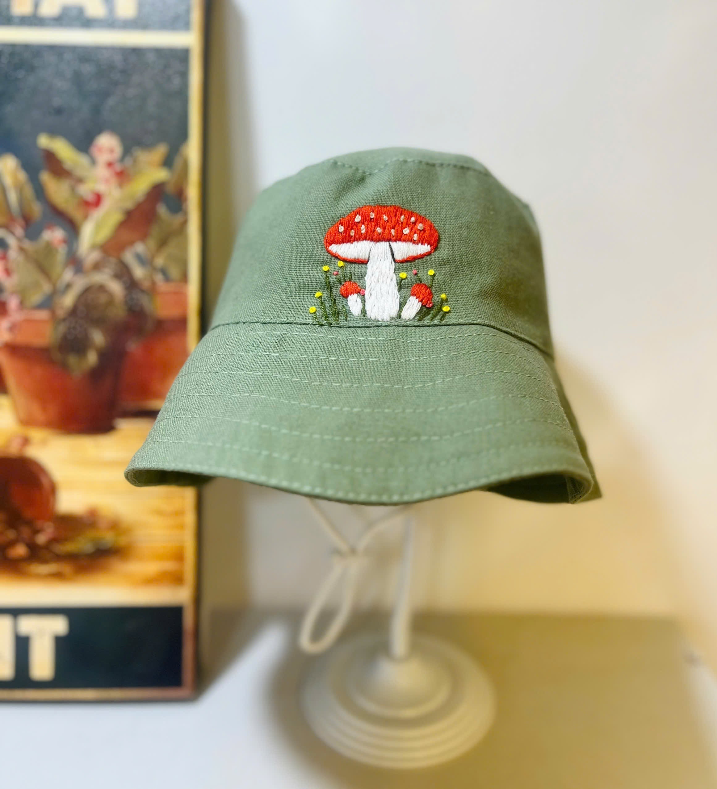 Hand Embroidered Mushroom Linen Baby Hat – Summer Bucket Hat for Toddlers & Kids