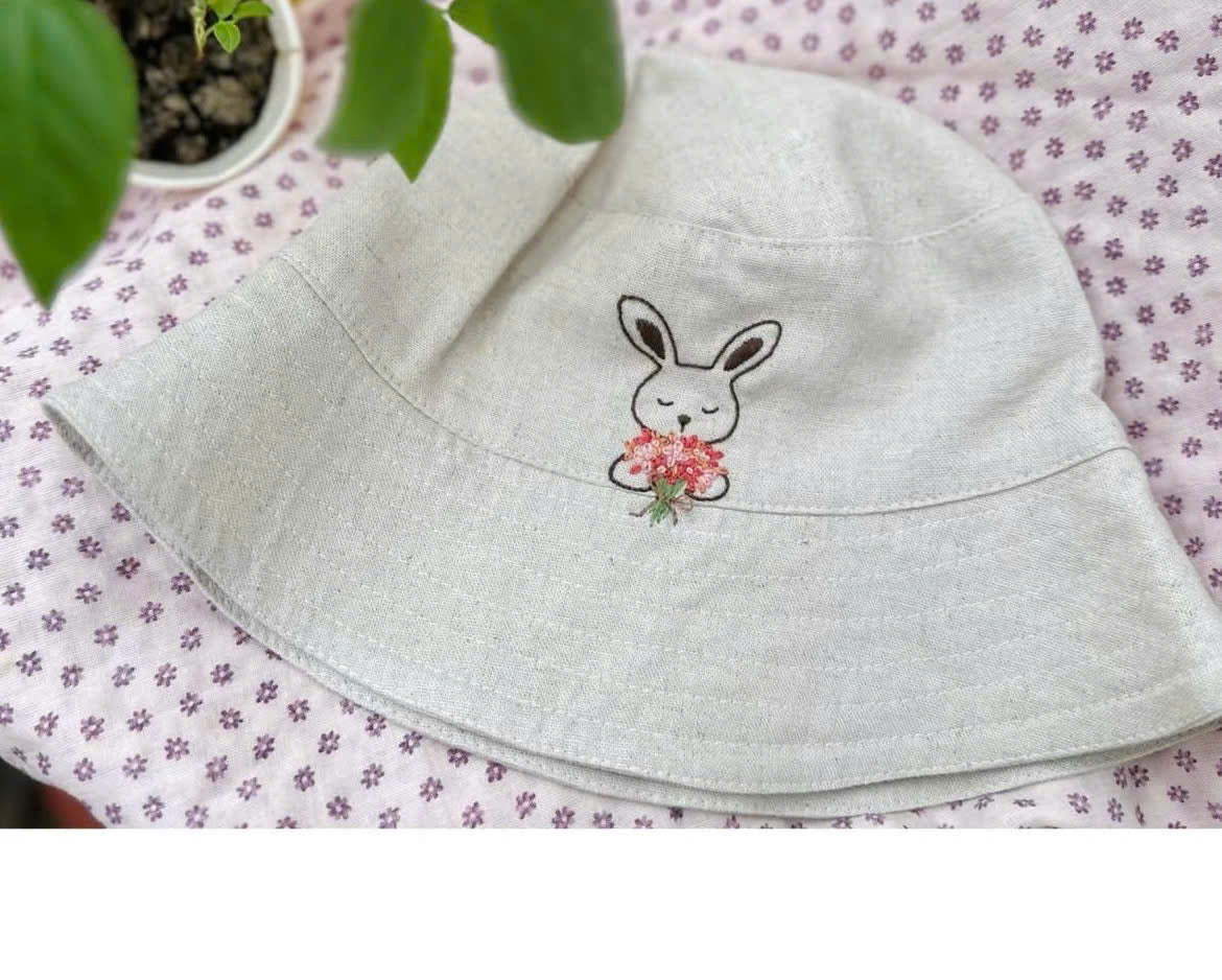 Hand Embroidered Rabbit Linen Baby Hat – Summer Bucket Hat for Babies & Kids