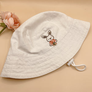 Hand Embroidered Rabbit Linen Baby Hat – Summer Bucket Hat for Babies & Kids