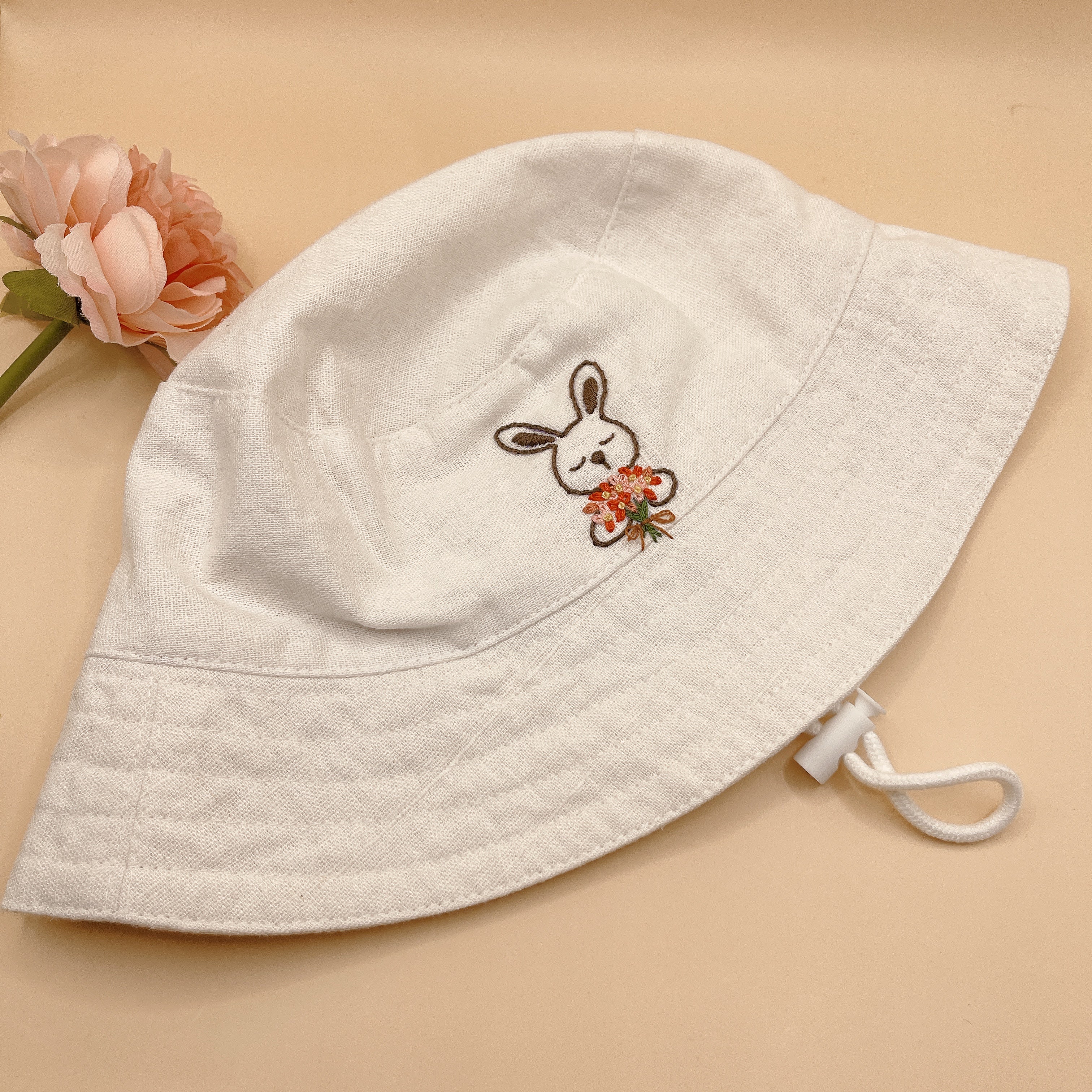 Hand Embroidered Rabbit Linen Baby Hat – Summer Bucket Hat for Babies & Kids
