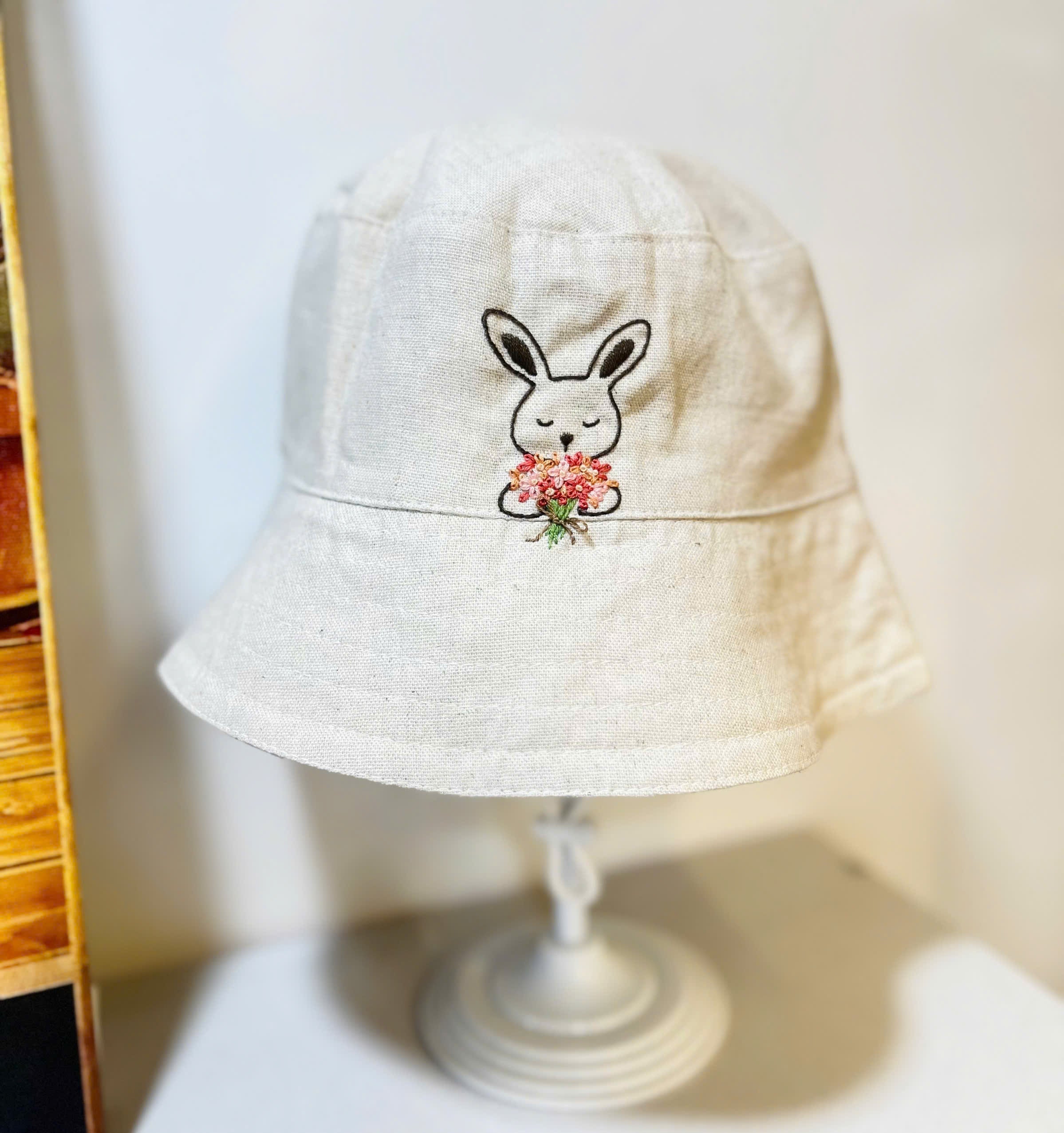 Hand Embroidered Rabbit Linen Baby Hat – Summer Bucket Hat for Babies & Kids