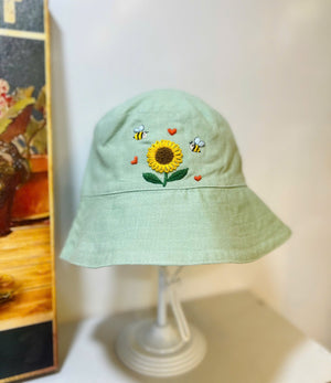 KawaStitch Hand Embroidered Sunflower and Bee Linen Baby Hat