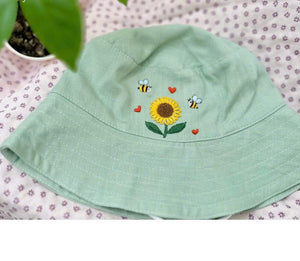 KawaStitch Hand Embroidered Sunflower and Bee Linen Baby Hat