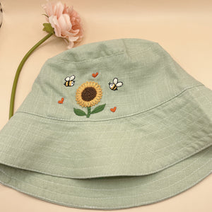 KawaStitch Hand Embroidered Sunflower and Bee Linen Baby Hat