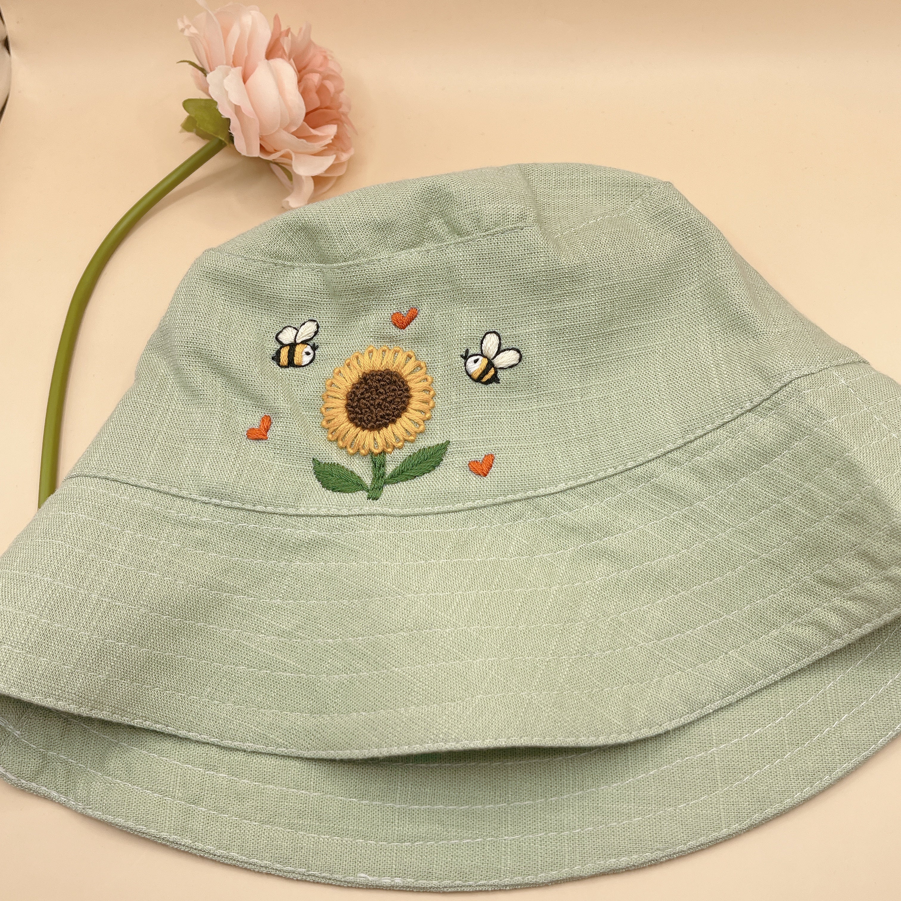 KawaStitch Hand Embroidered Sunflower and Bee Linen Baby Hat