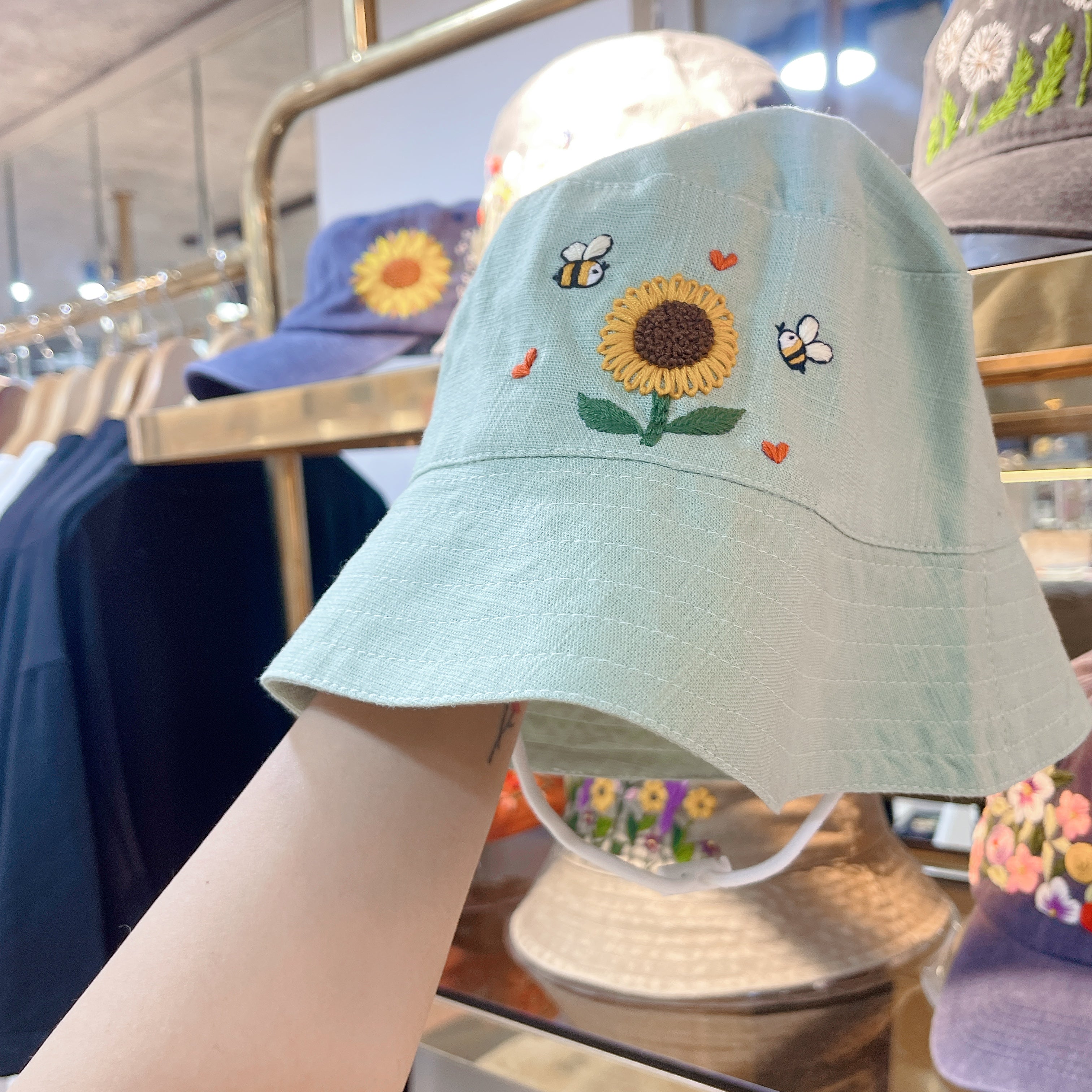 KawaStitch Hand Embroidered Sunflower and Bee Linen Baby Hat