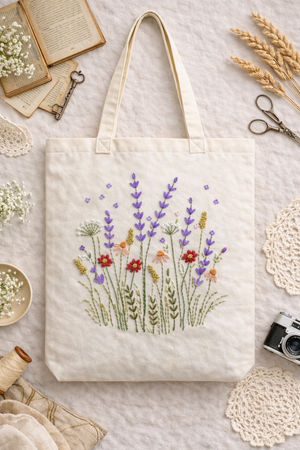 Hand Embroidered Tote Bag - Floral Design