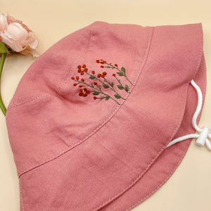 Pink flowers Embroidered Linen Baby Hat – Summer Bucket Hat for Toddlers & Kids
