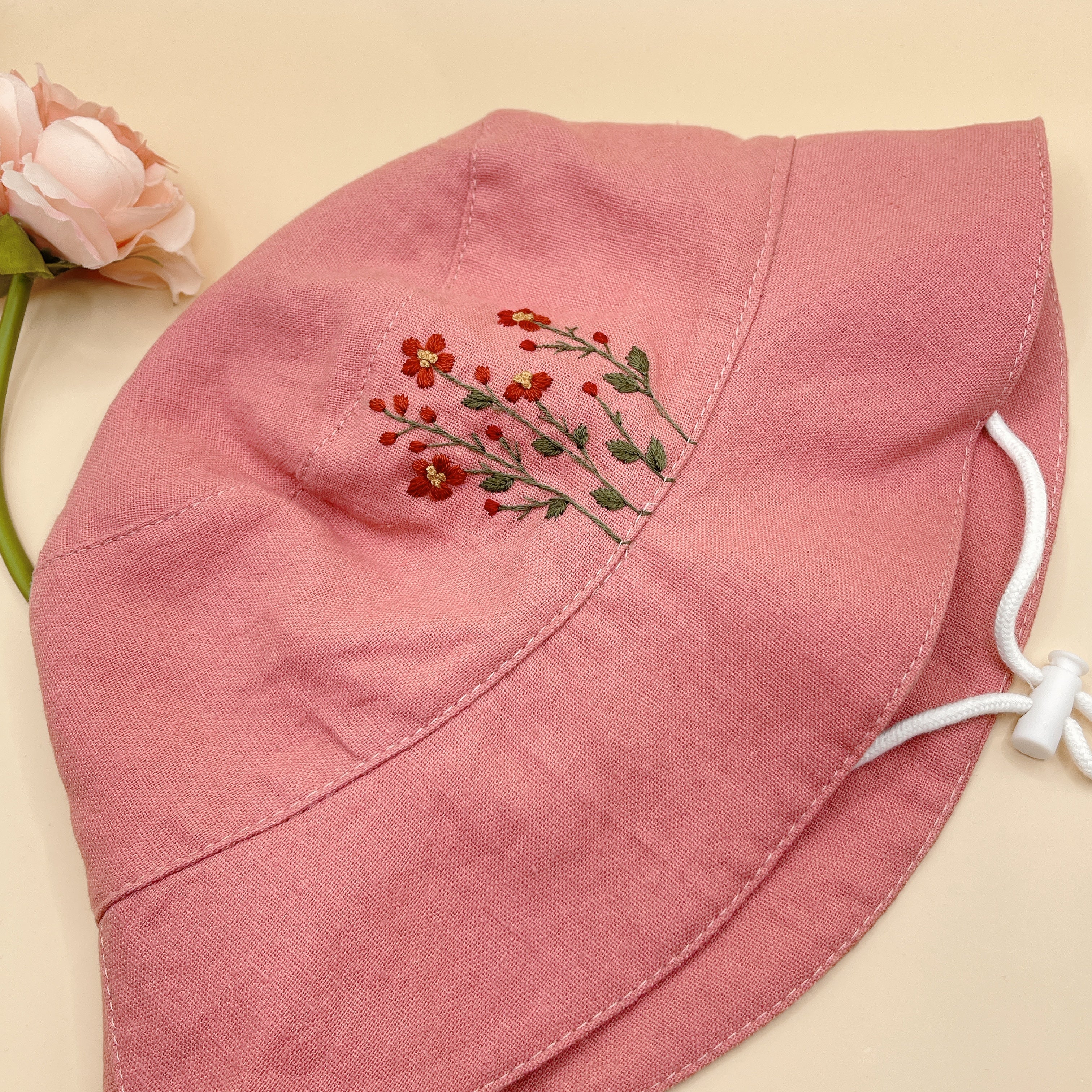 Pink flowers Embroidered Linen Baby Hat – Summer Bucket Hat for Toddlers & Kids
