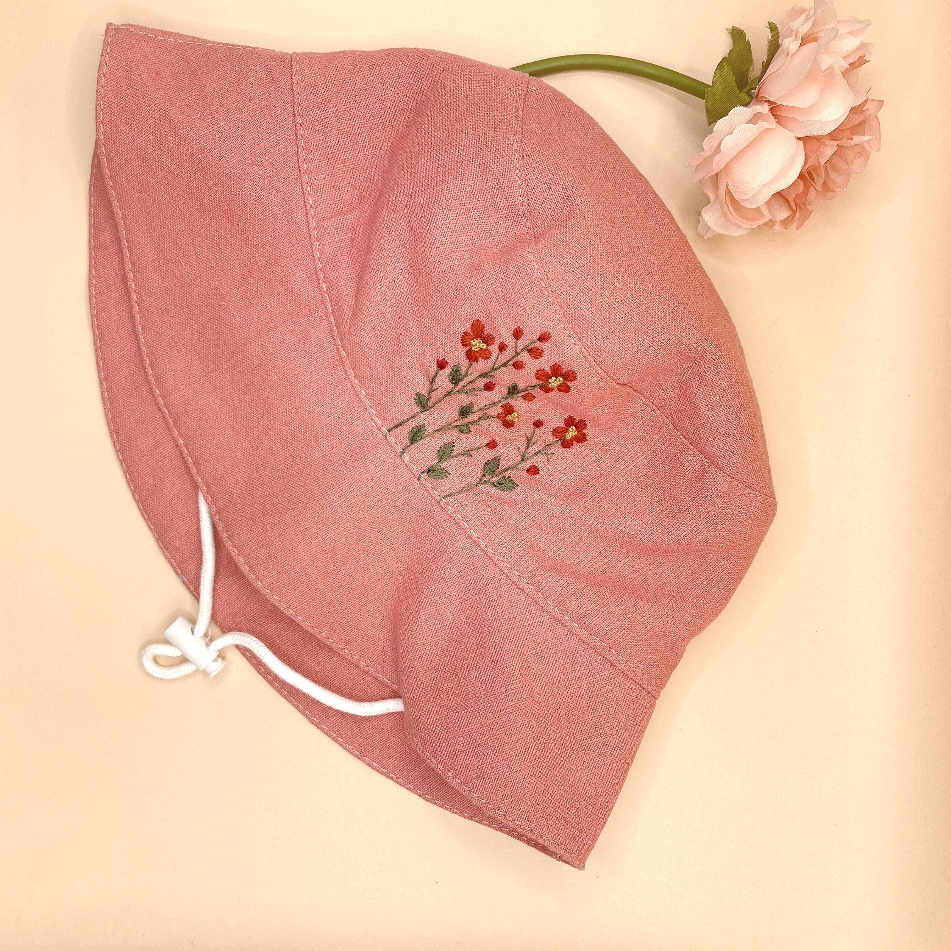 Pink flowers Embroidered Linen Baby Hat – Summer Bucket Hat for Toddlers & Kids