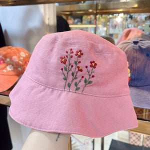 Pink flowers Embroidered Linen Baby Hat – Summer Bucket Hat for Toddlers & Kids