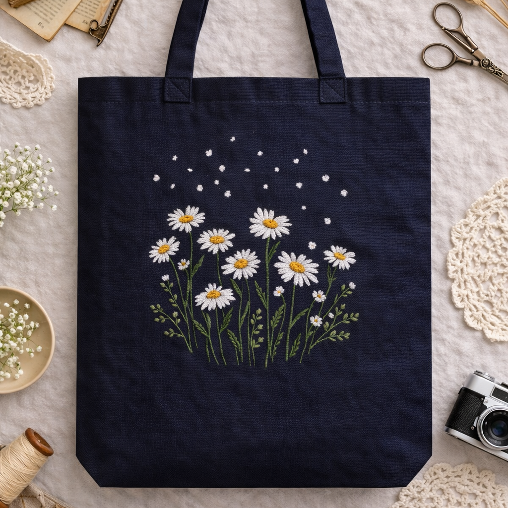 Stitched Tote Bag with Floral Embroidery