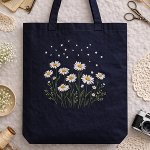 Stitched Tote Bag with Floral Embroidery