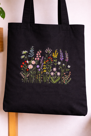 Floral Tote Bag - Hand-Embroidered Flowers Garden
