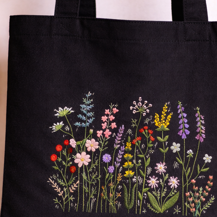 Floral Tote Bag - Hand-Embroidered Flowers Garden