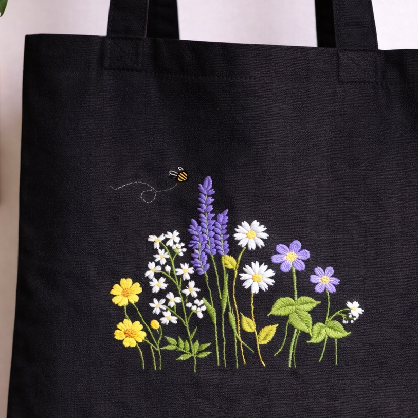 Tote Bag Flowers - Hand-Stitched Design