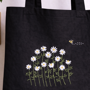 Tote Bag with Flowers - Hand-Embroidered Daisy And Bee Design
