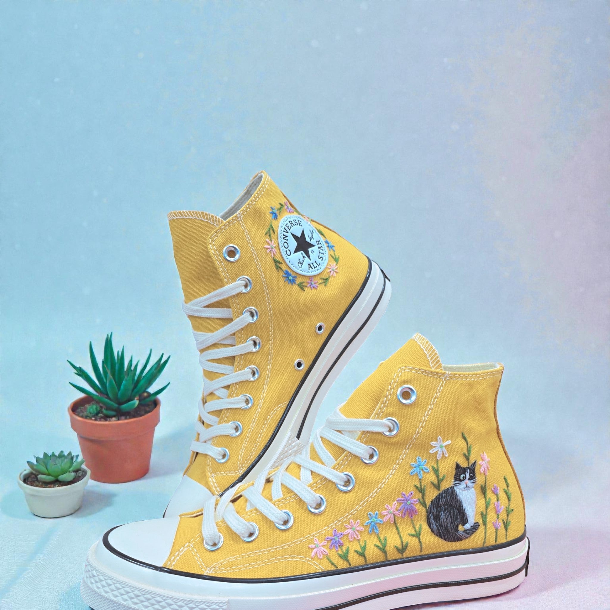 Converse Hand-Embroidered Yellow Converse High Tops