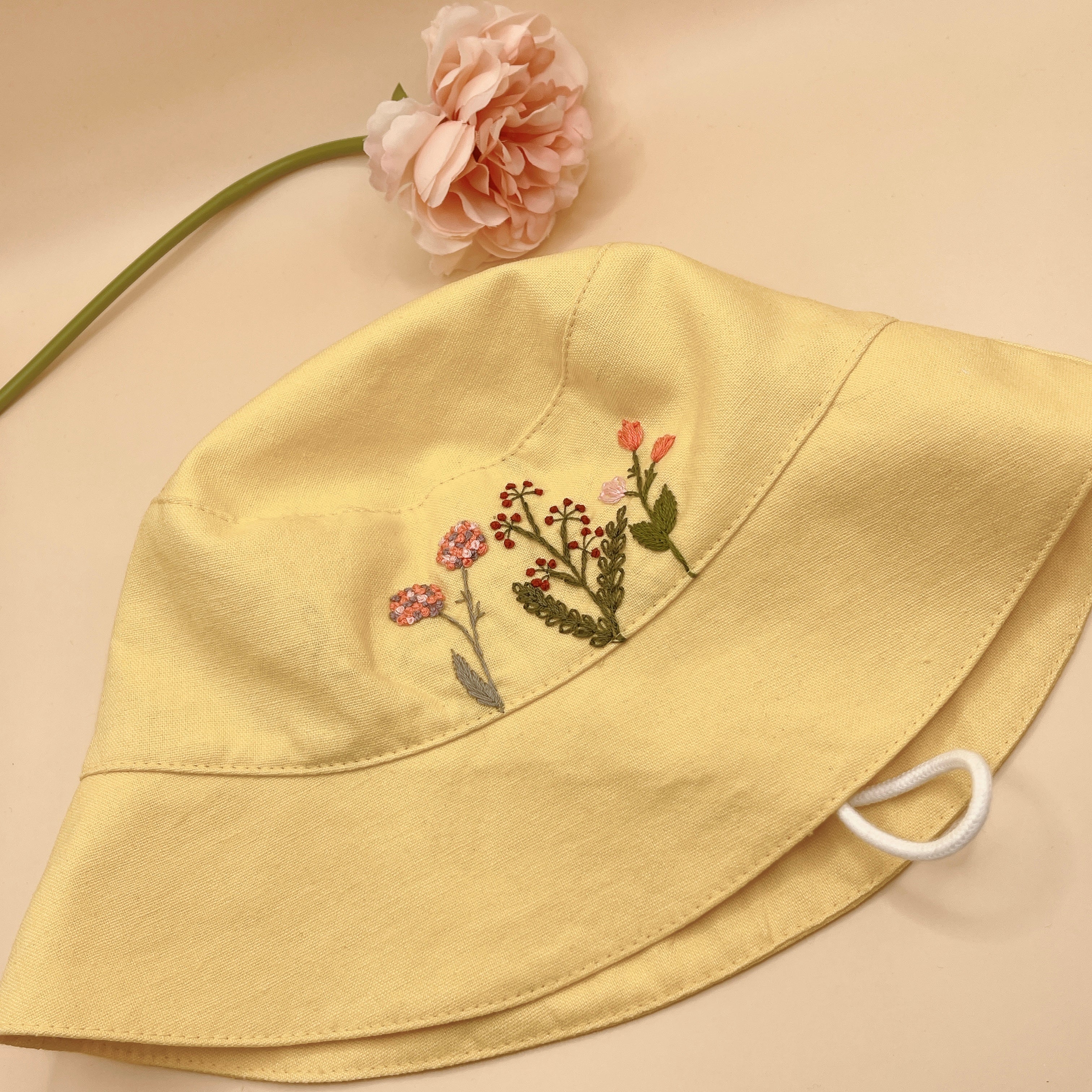 Yellow Embroidered Linen Baby Hat – Summer Bucket Hat for Toddlers & Kids